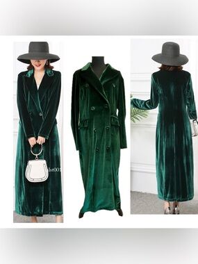 Kate Hewko Emerald Green Velvet Long Double-Breasted Maxi Dress Coat trenchcoat